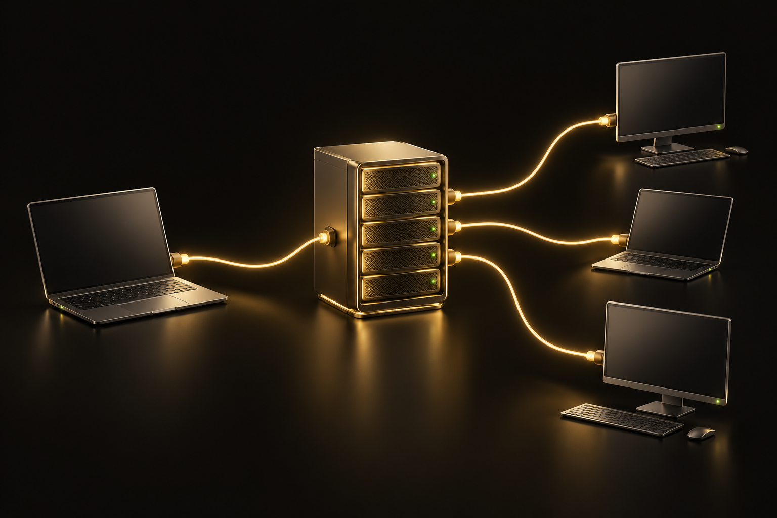Una computadora de trabajo conectada mediante un servidor central con los equipos de distintas ubicaciones